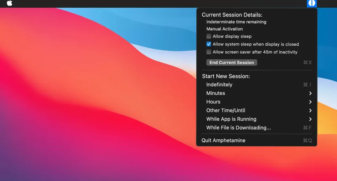The menu bar menu showing the current session and options to start a new one