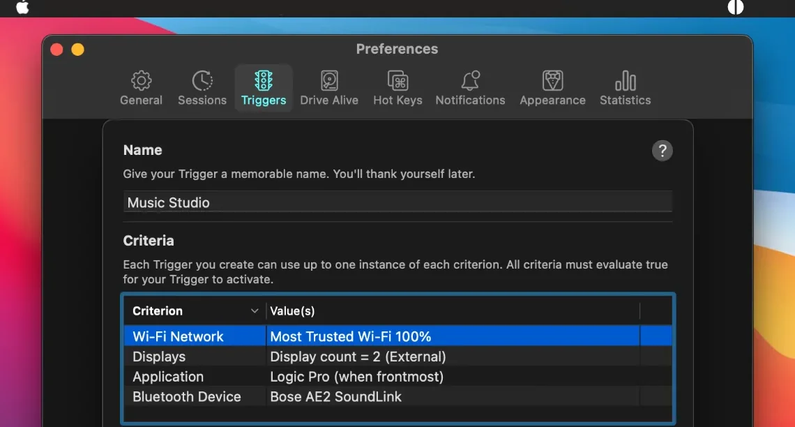 Triggers settings that keep the Mac awake based on Wi-Fi, displays, apps and Bluetooth devices