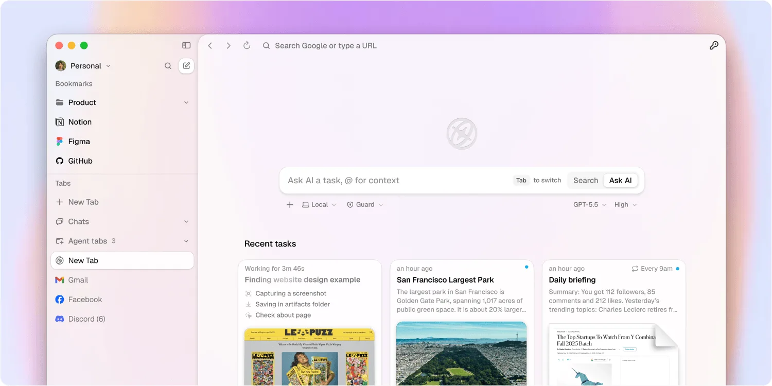 The Aside home screen: a sidebar of bookmarks and tabs, an 'Ask AI a task' box and recent agent tasks