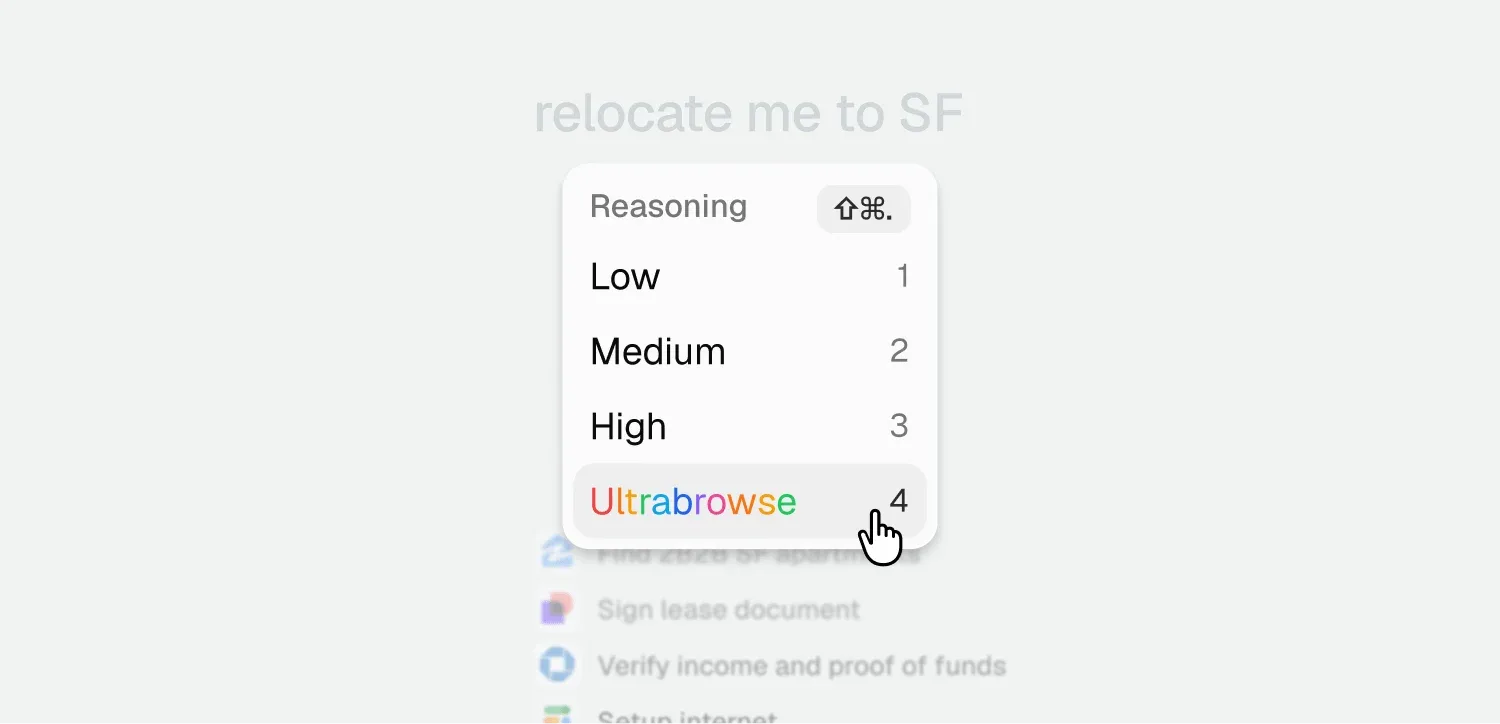 The reasoning-level menu open over a list of agent tasks