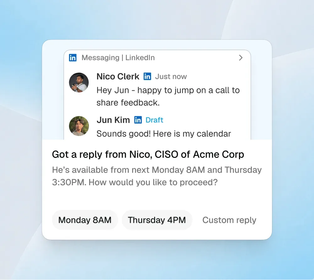 An agent task card reporting a reply and offering quick-reply meeting times