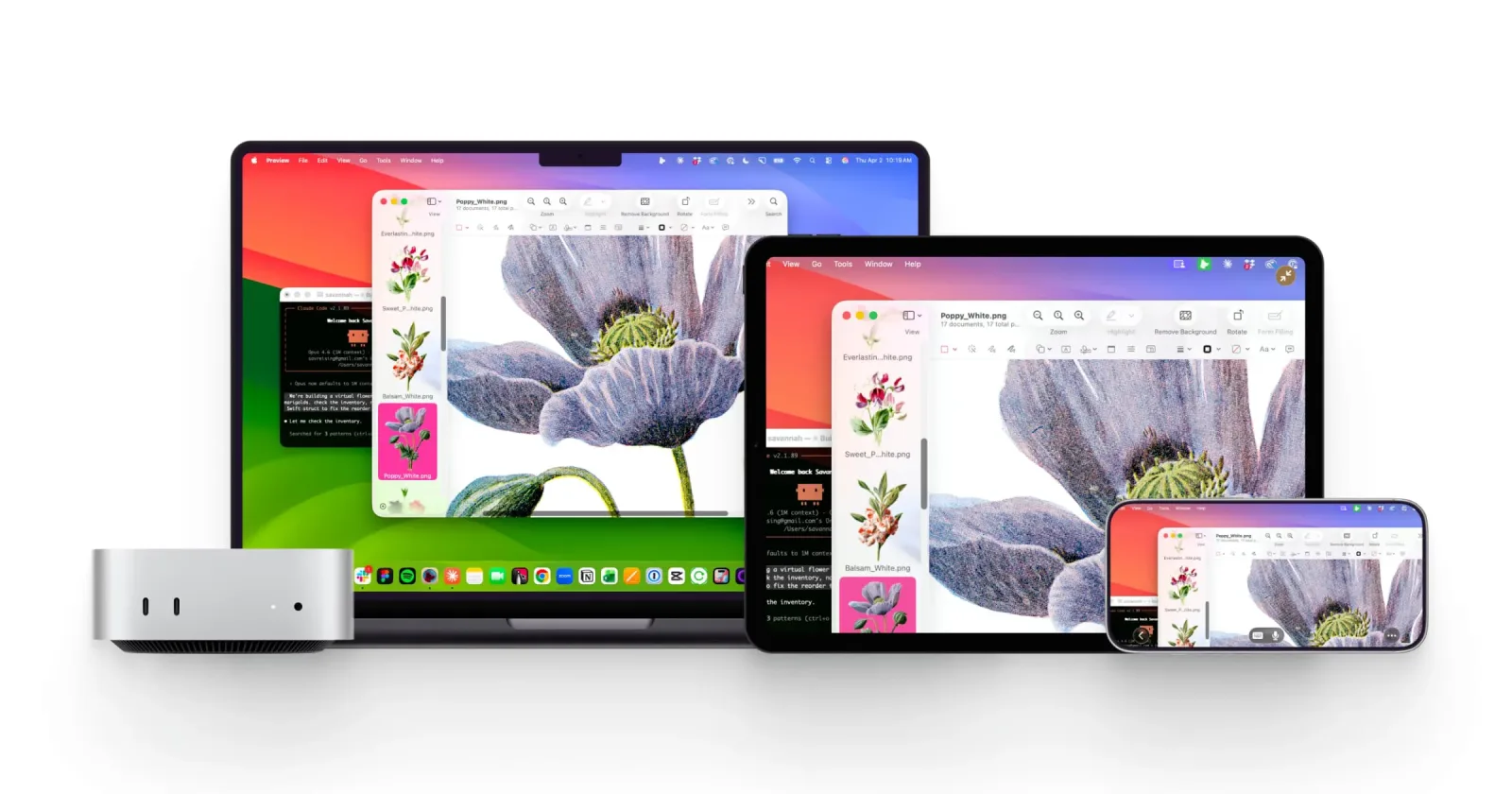 A Mac mini's desktop mirrored onto a MacBook, an iPad and an iPhone