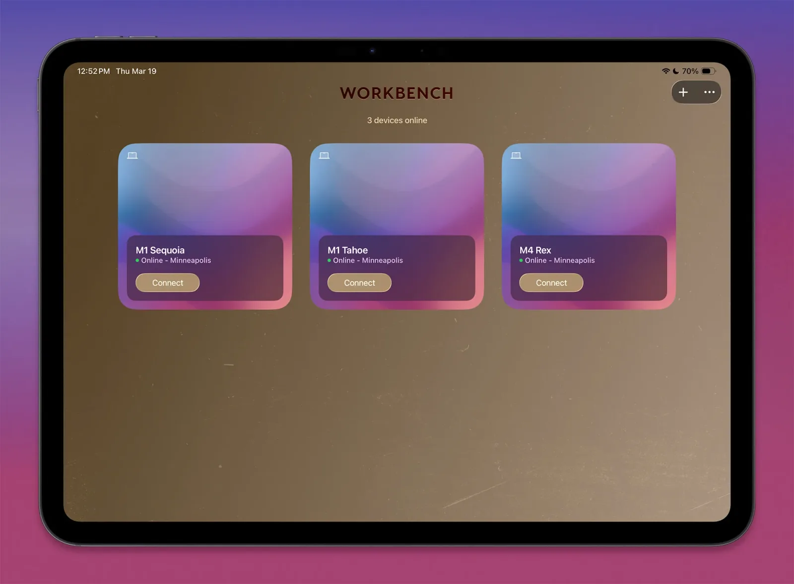 The device list on an iPad showing three online Macs, each with a Connect button