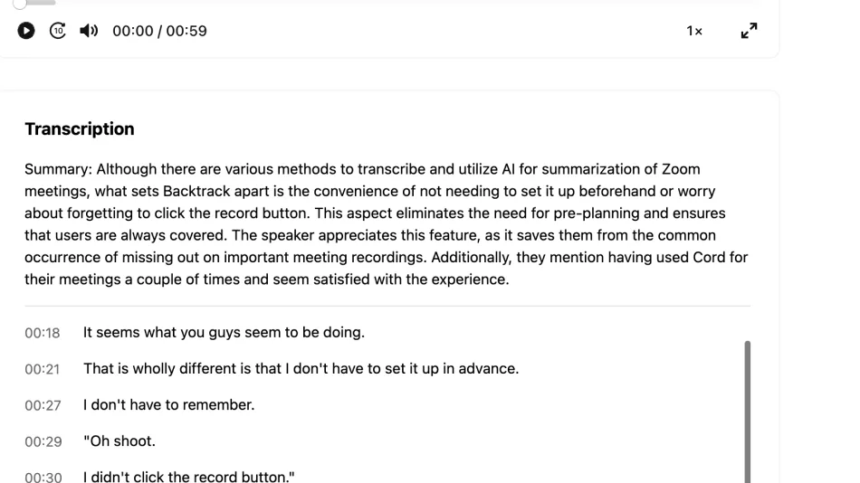 The transcript view with an AI summary and timestamped lines