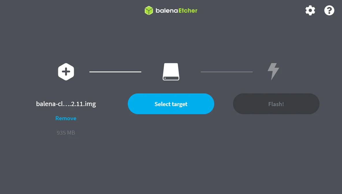 The Etcher window with an image chosen, ready to pick a target drive