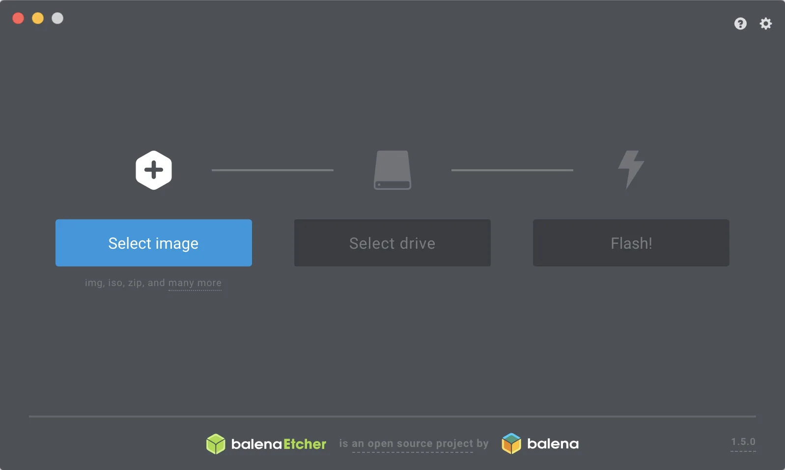 The start screen with its Select image, Select drive and Flash steps