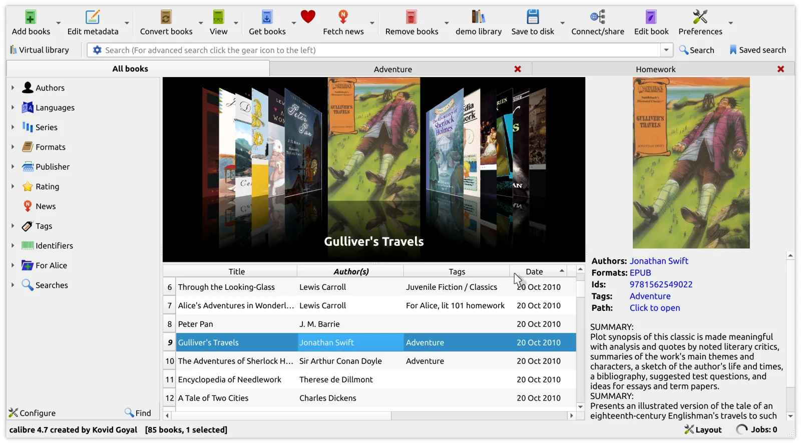 The library view with a book list, cover browser and book details