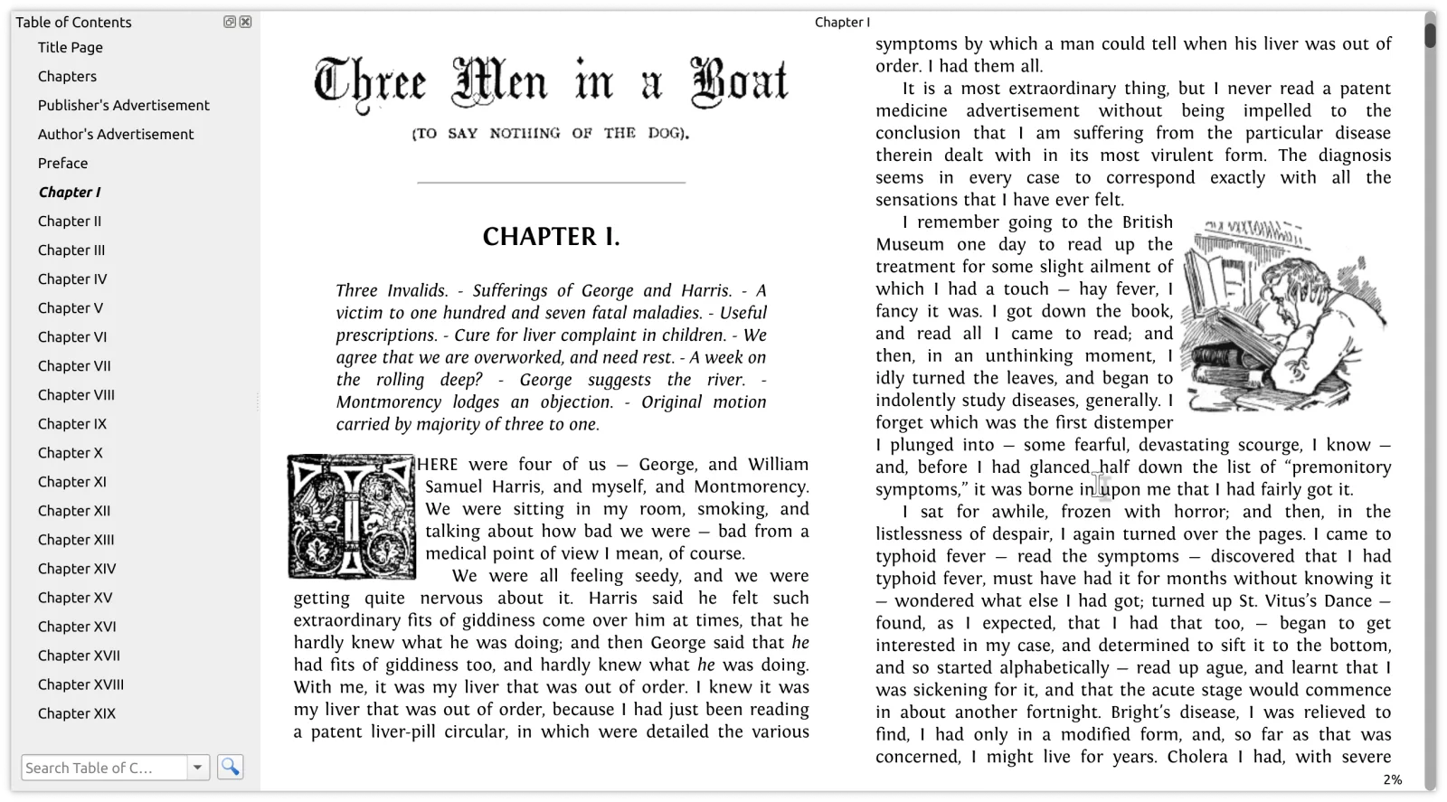 The built-in e-book viewer with a table of contents