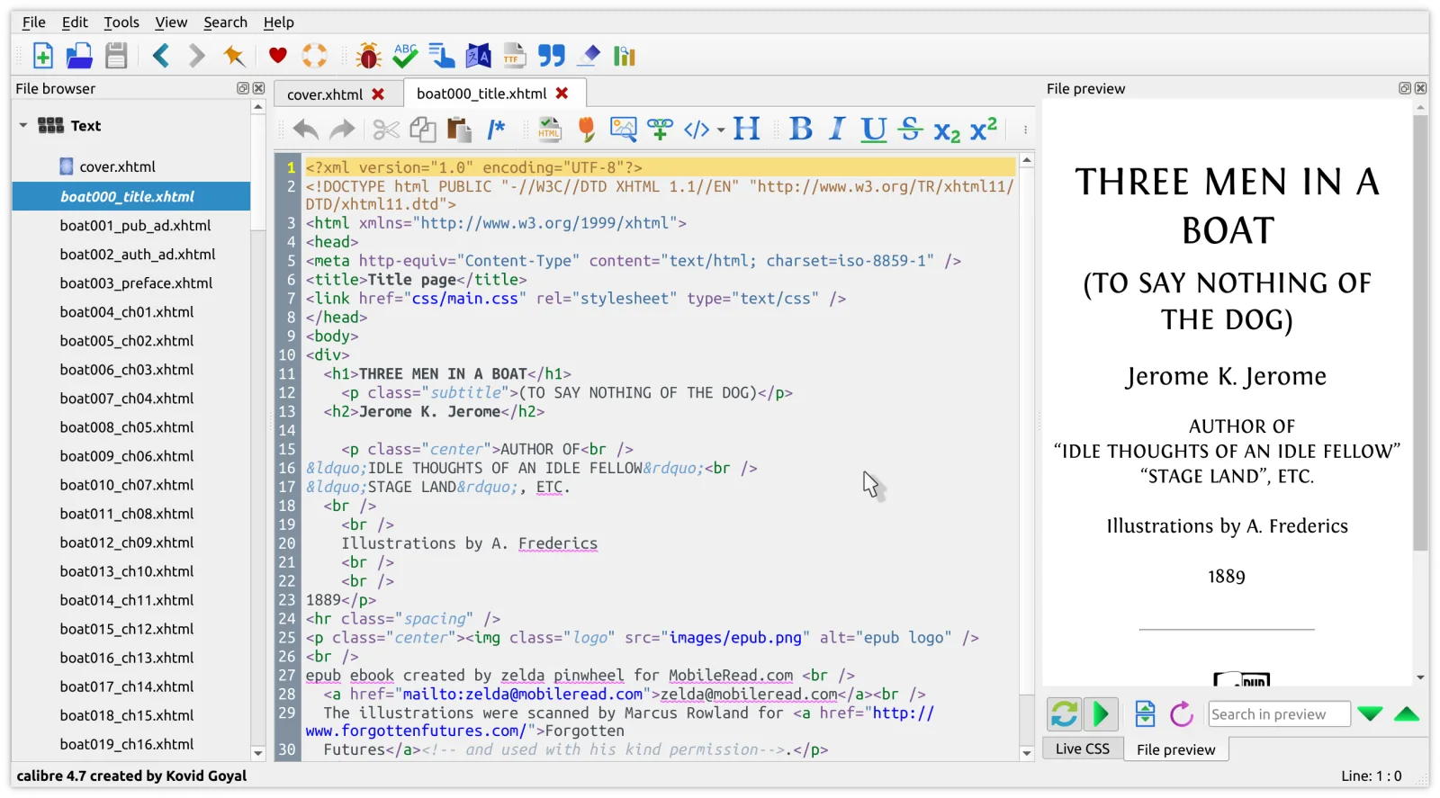 The built-in EPUB editor with HTML source and live preview