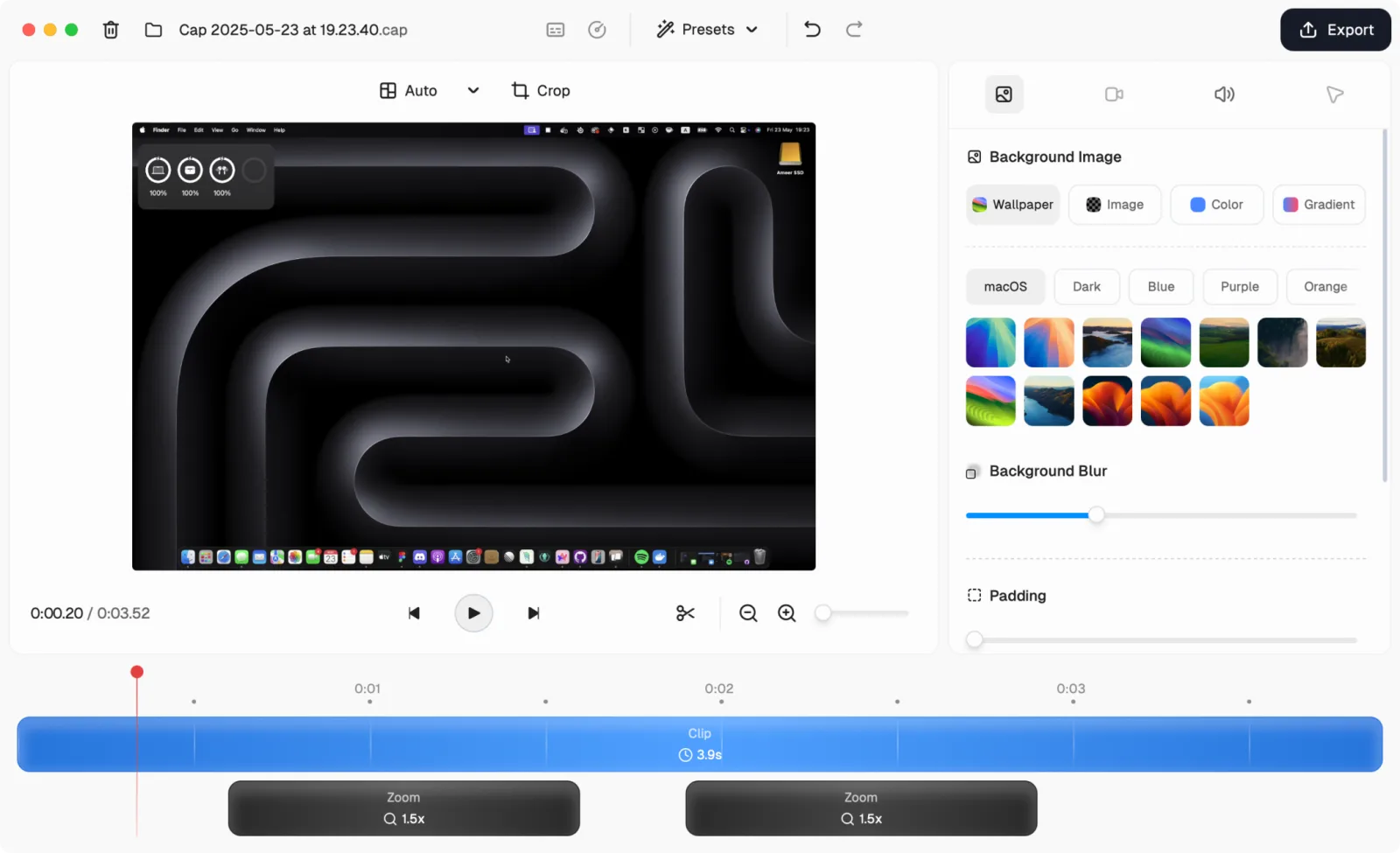 The editor: a recording preview with background options and a timeline with zoom segments