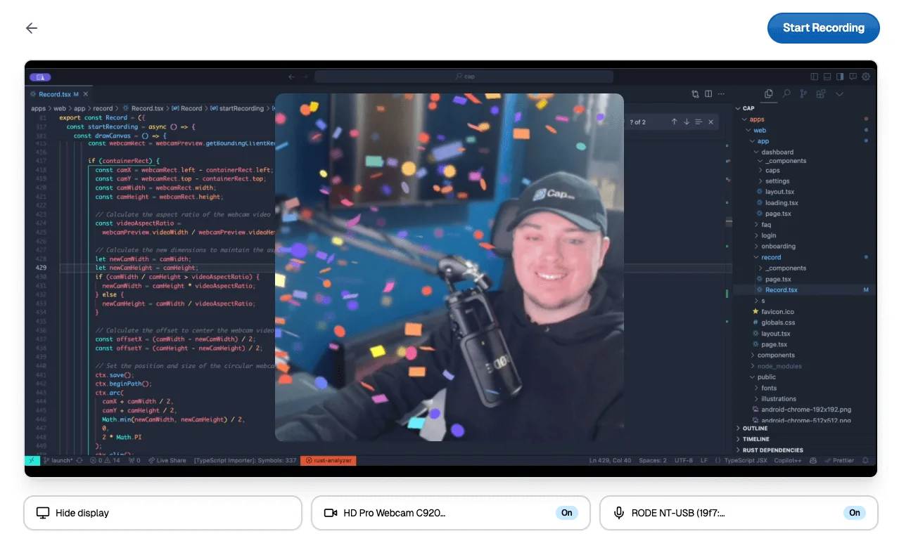 A shared recording playing on Cap's web share page, with a webcam overlay