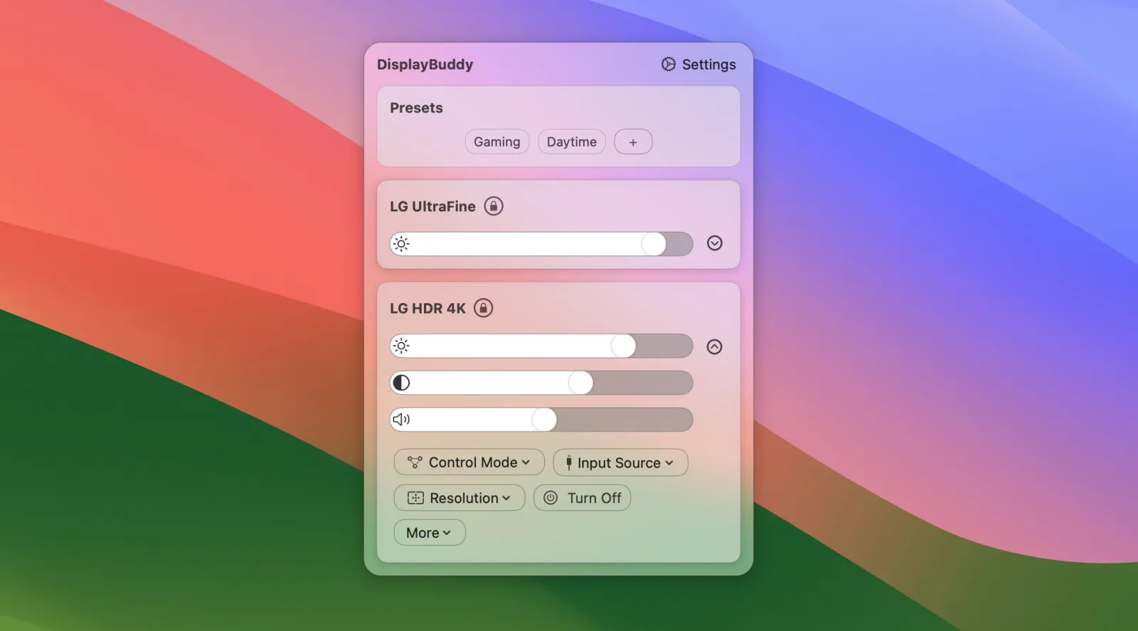 Presets and brightness, contrast and volume sliders for two monitors