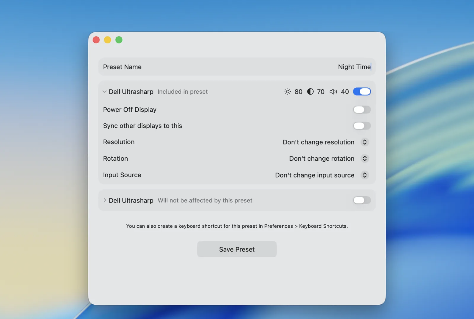The preset editor choosing brightness, power, resolution, rotation and input per display