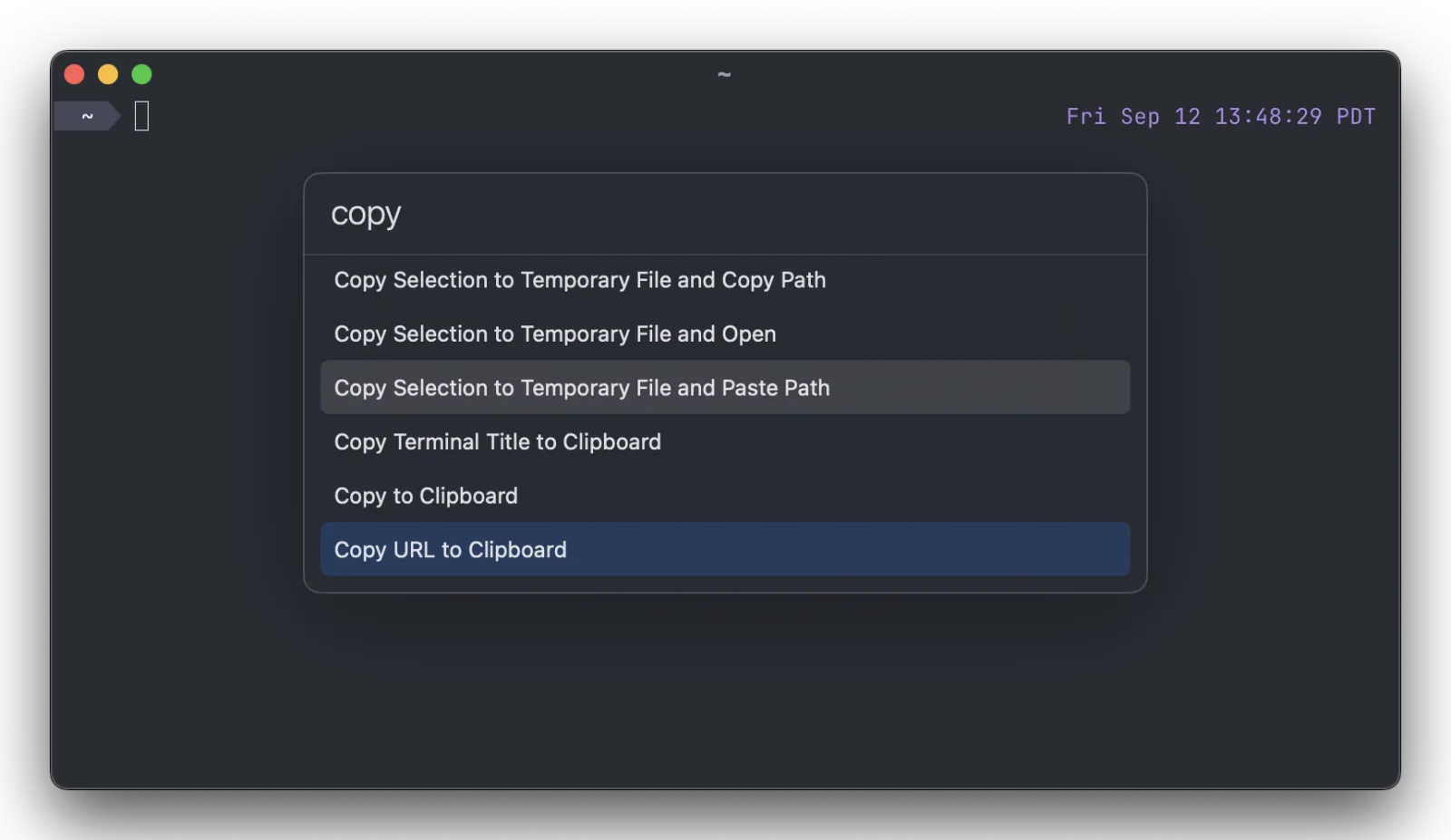A Ghostty window with the command palette open, filtered to copy actions