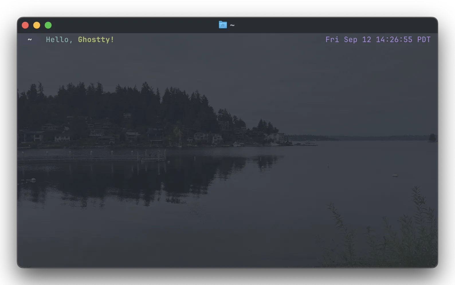 A Ghostty window with a custom background image behind the prompt