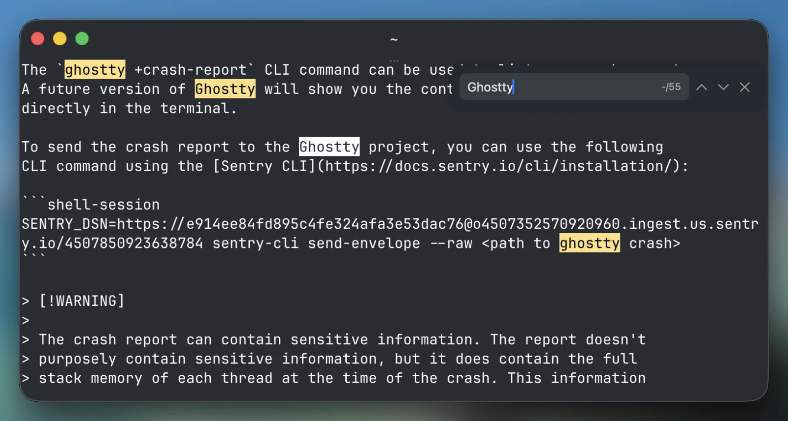 Ghostty's search bar highlighting matches in the terminal output