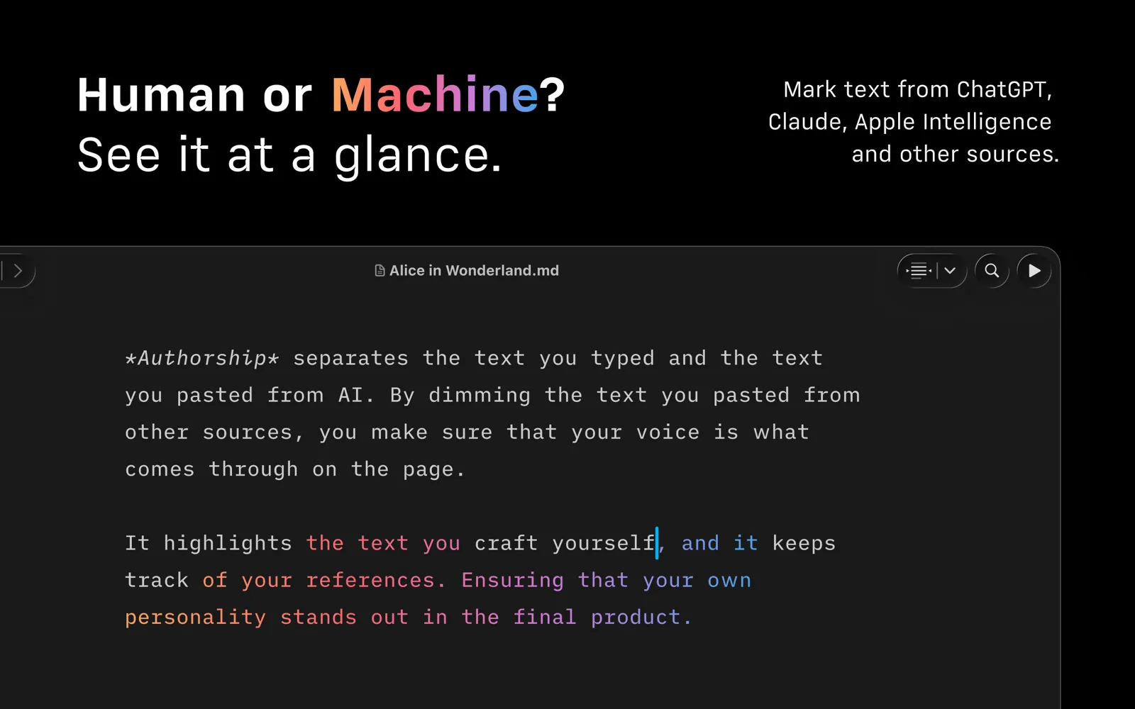 Authorship dimming text pasted from AI so your own writing stands out