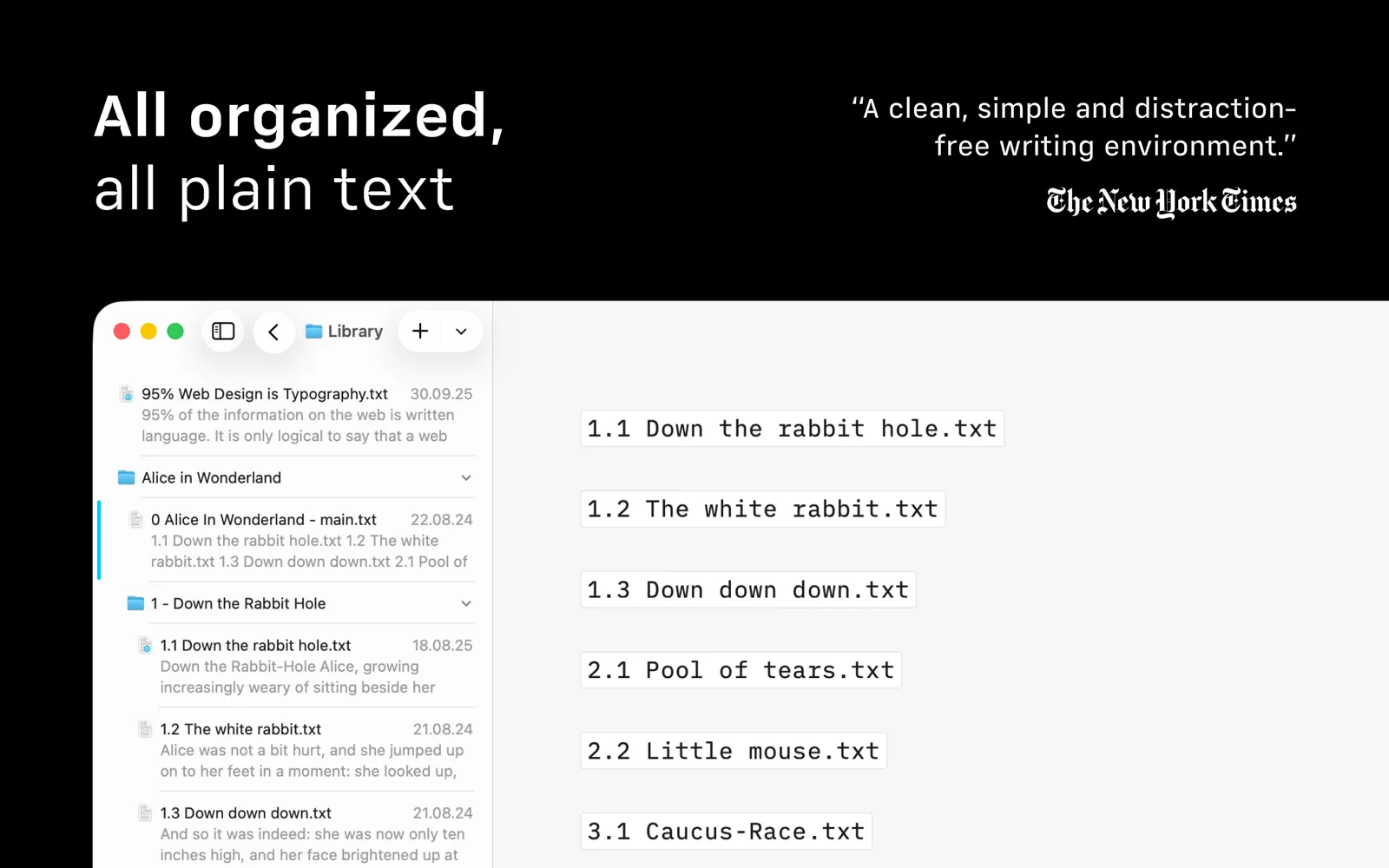 The library of plain-text files next to an open document