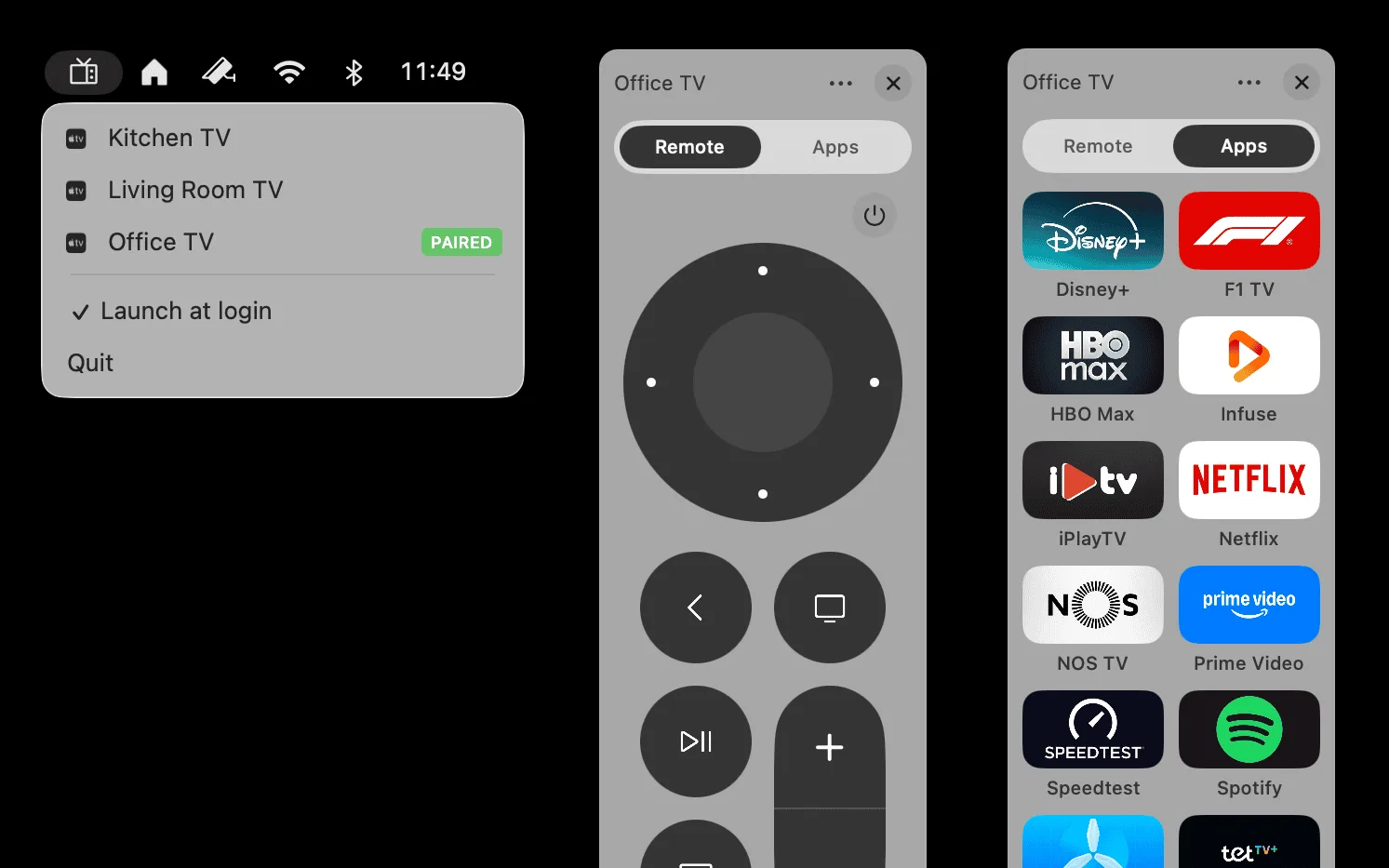 The menu bar list of paired Apple TVs, next to the remote panel and the app launcher