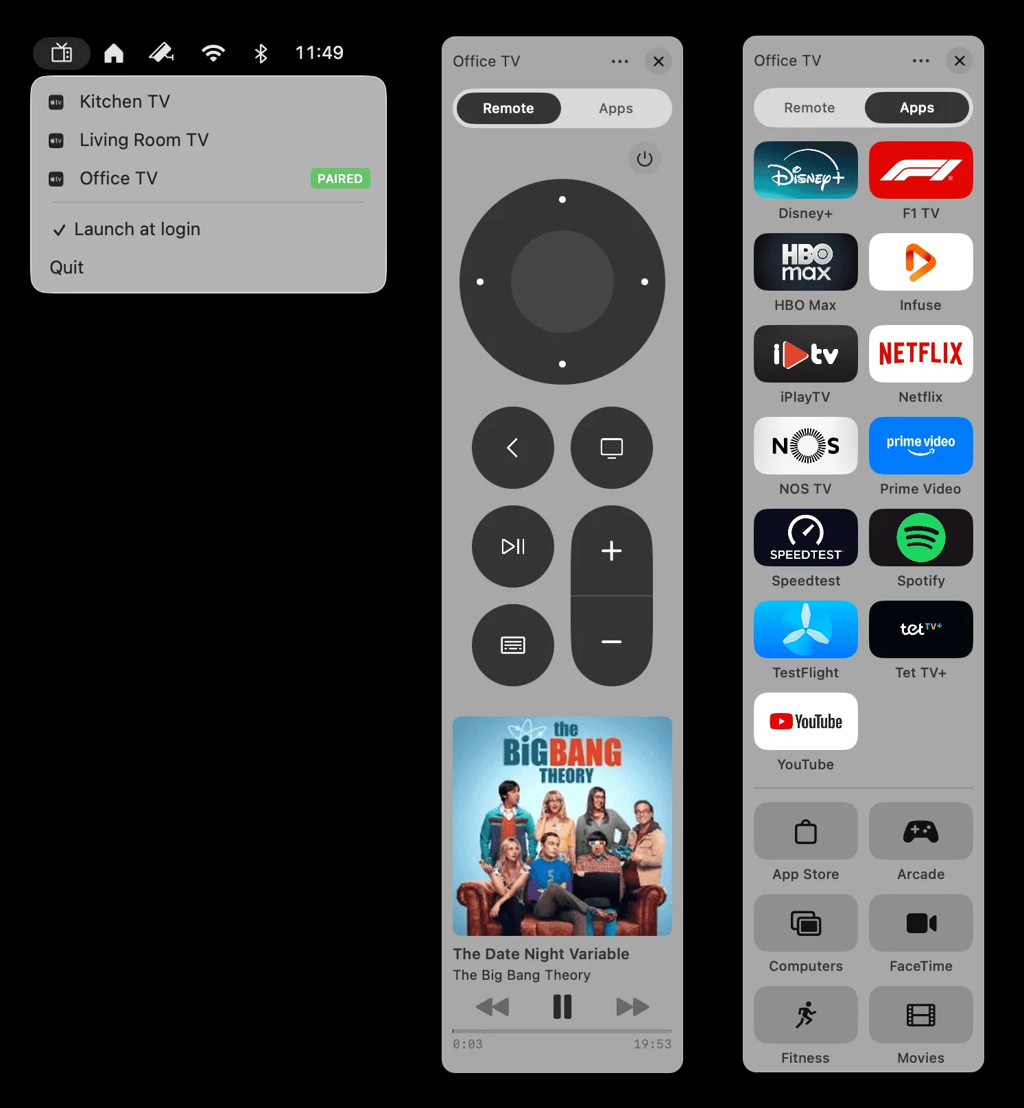 The full overview: device list, remote with now-playing artwork, and app launcher grid