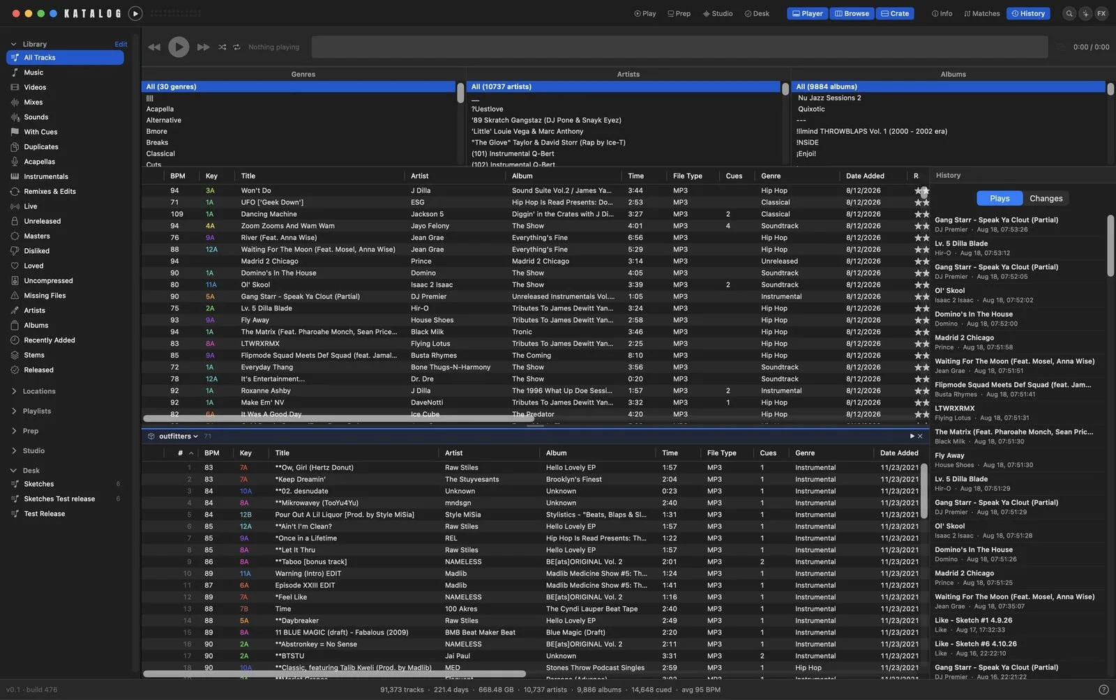 The library: genre, artist and album columns over a table of tracks with BPM, key and cue counts