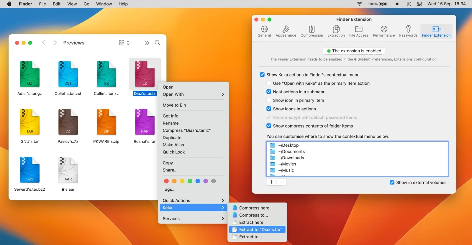 Keka's Finder right-click menu for compressing and extracting, with its Finder extension settings