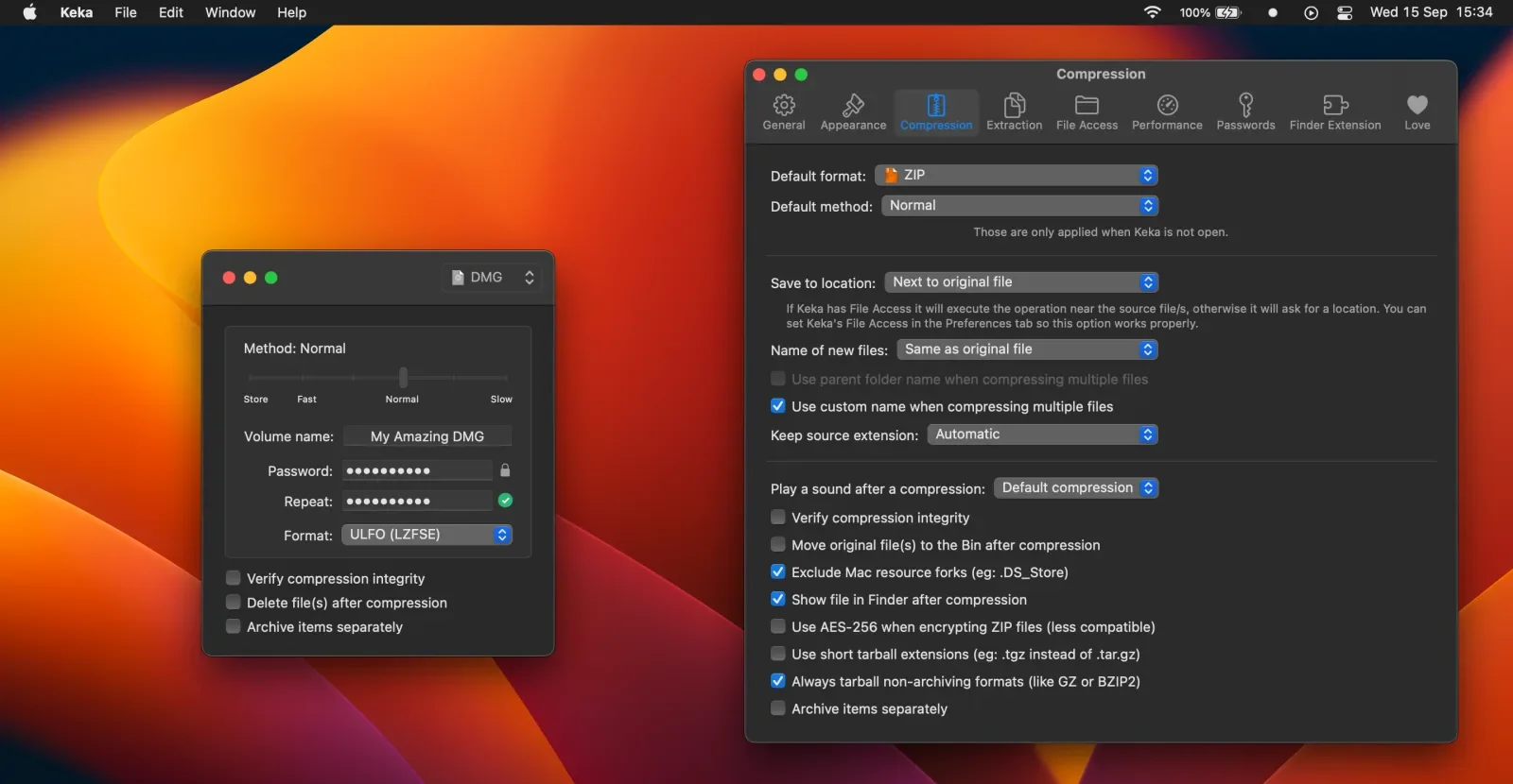 Compression settings next to a DMG creation window
