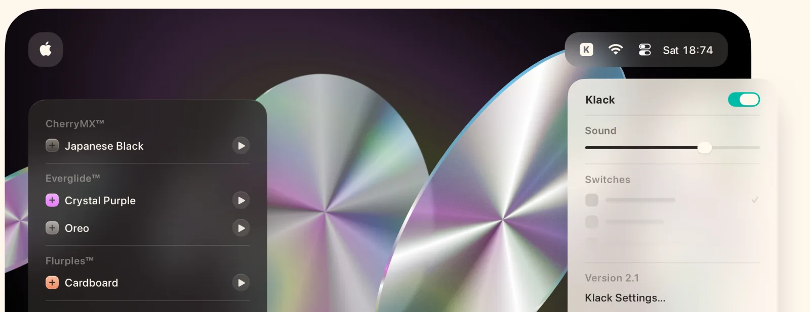 The switch sound list and the menu bar panel with an on toggle and volume slider