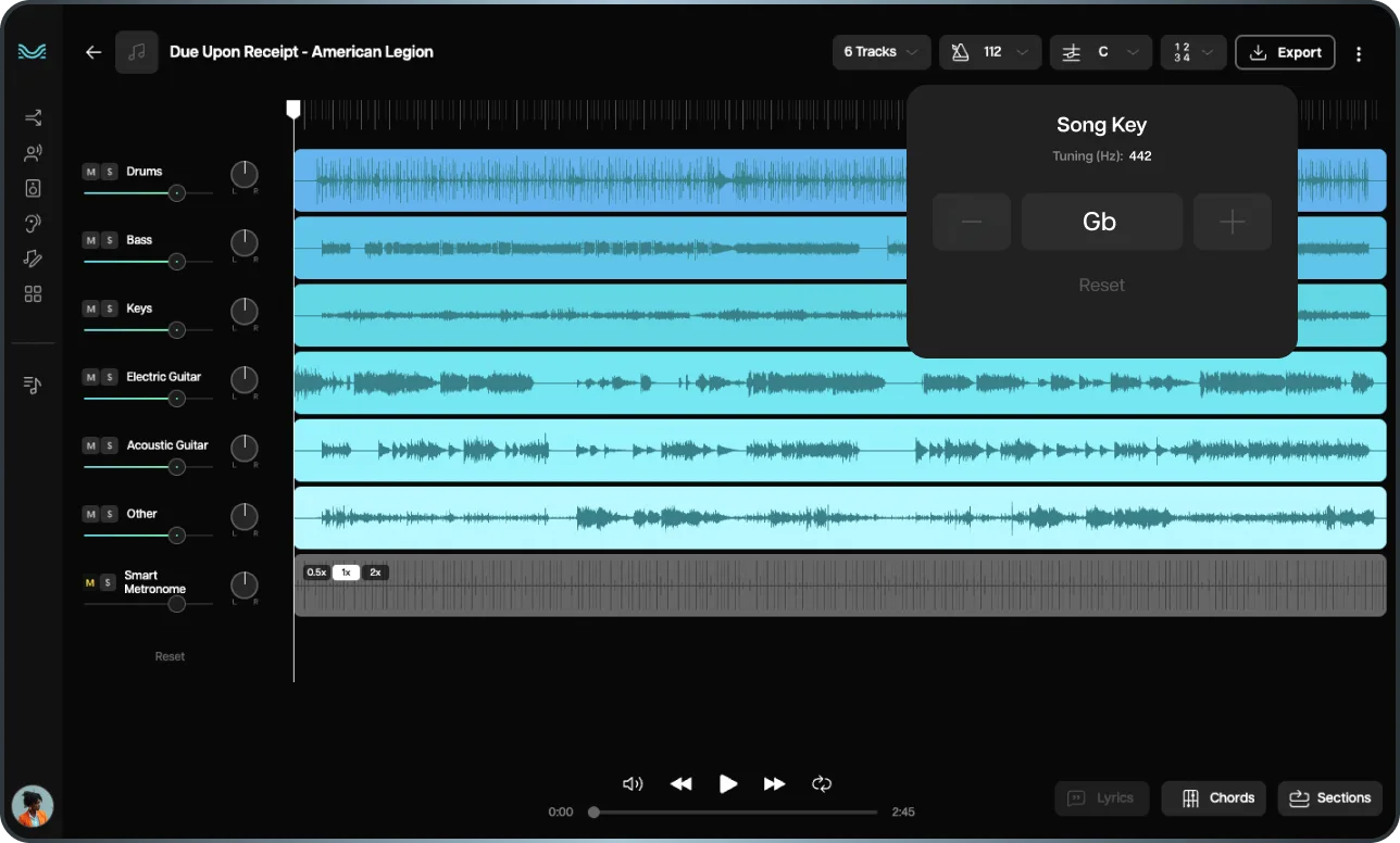 The multitrack view with drum, bass, keys and guitar stems and the song key