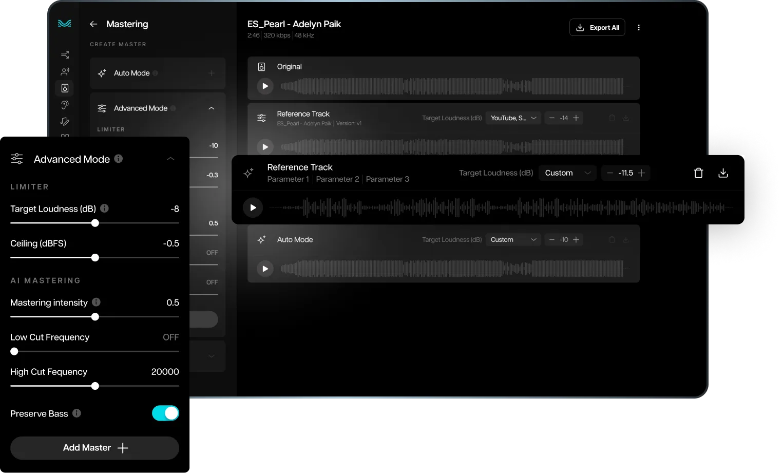 AI mastering with a reference track and limiter settings