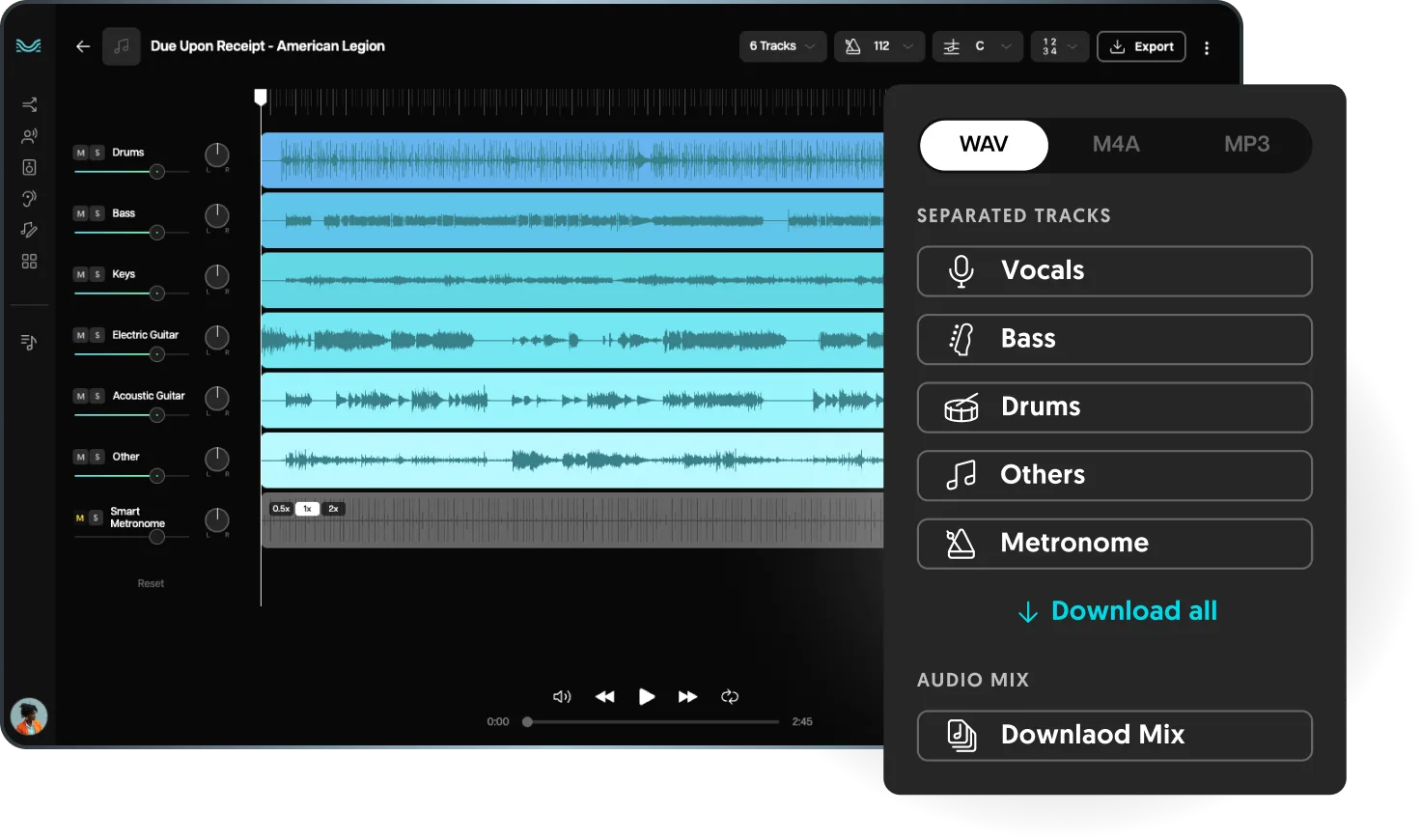 Exporting individual stems or the mix as WAV, M4A or MP3