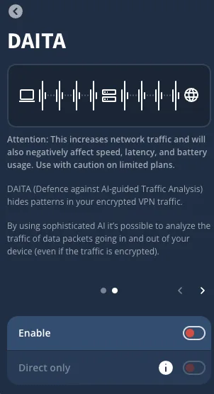 Settings for DAITA, protection against traffic analysis