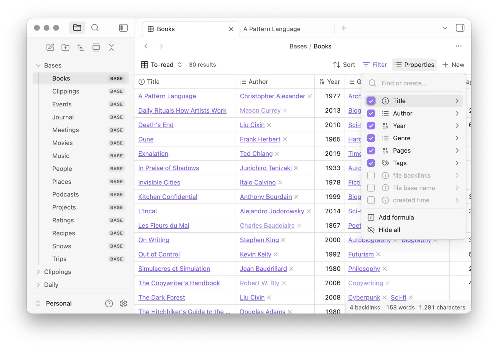 A Books base shown as a table, in light mode