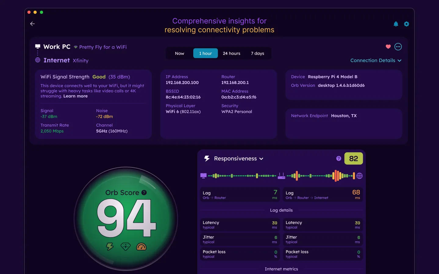 The detailed connection view with Wi-Fi signal, router details, and latency, jitter and packet-loss metrics