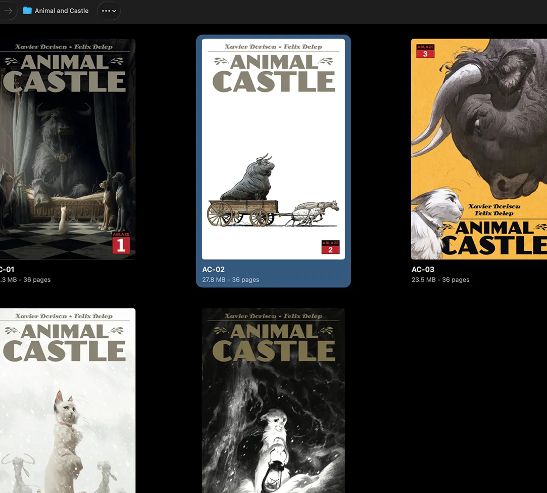 The library in dark mode, with a grid of comic covers, sizes and page counts