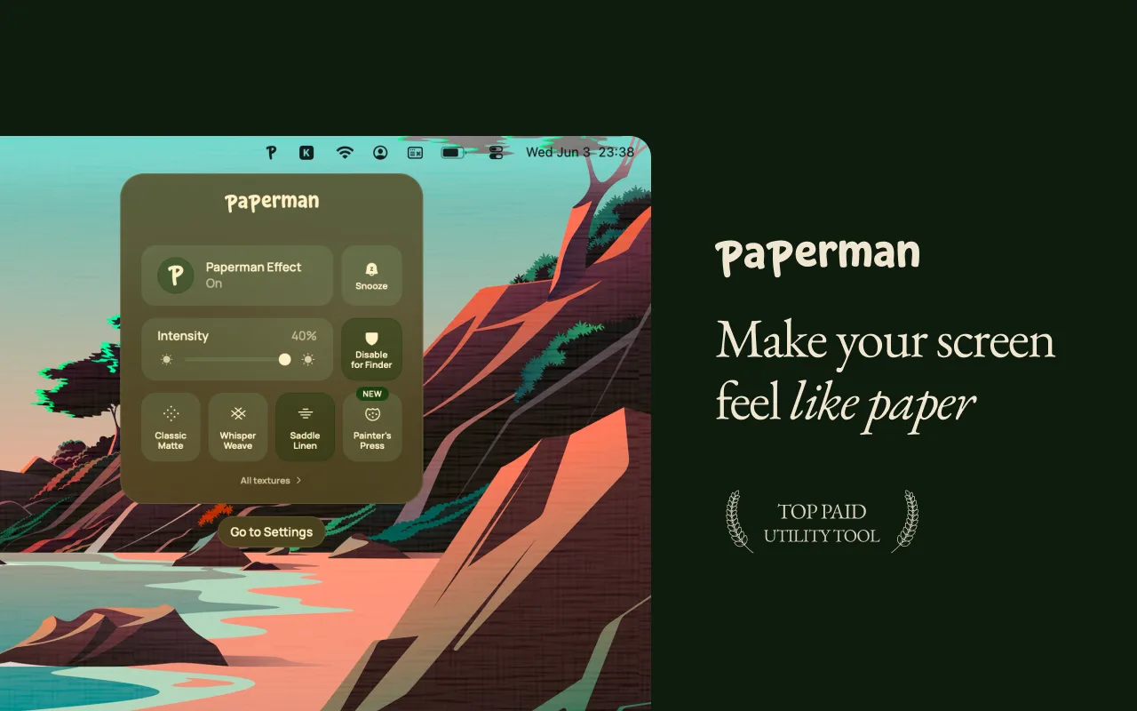 The Paperman menu bar panel over a paper-textured desktop, with intensity and texture controls