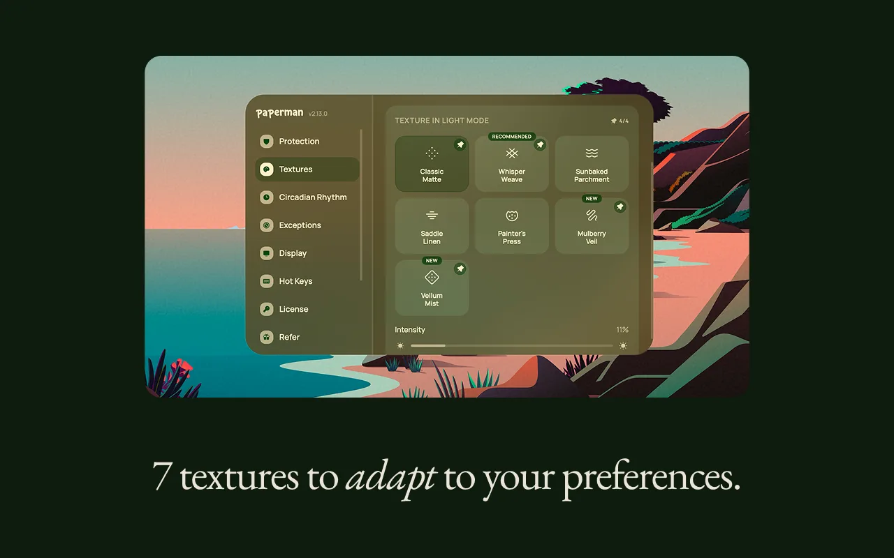 The textures settings, with seven paper finishes to pick from