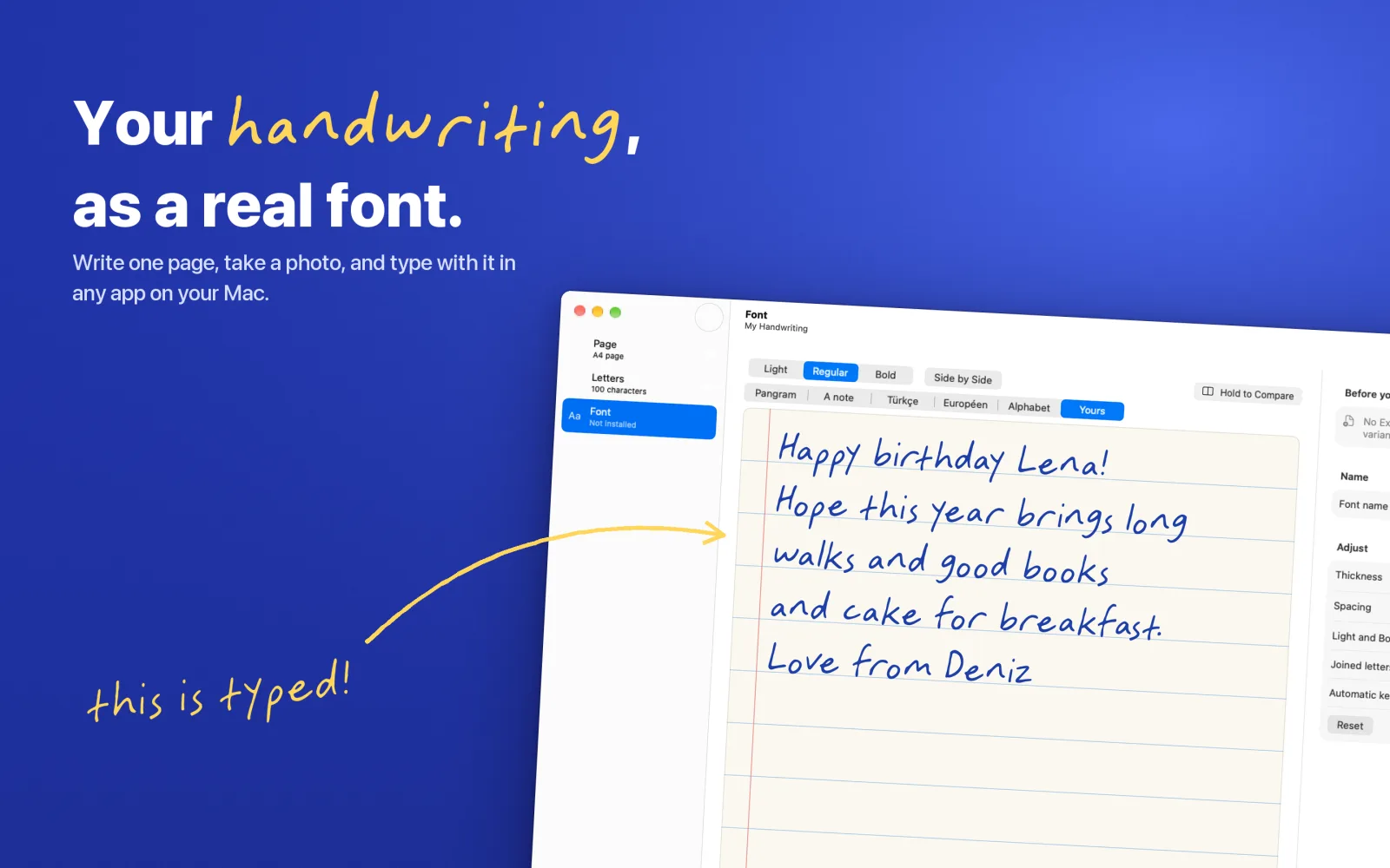 Your handwriting as a real font: a birthday note typed in handwriting on notebook paper