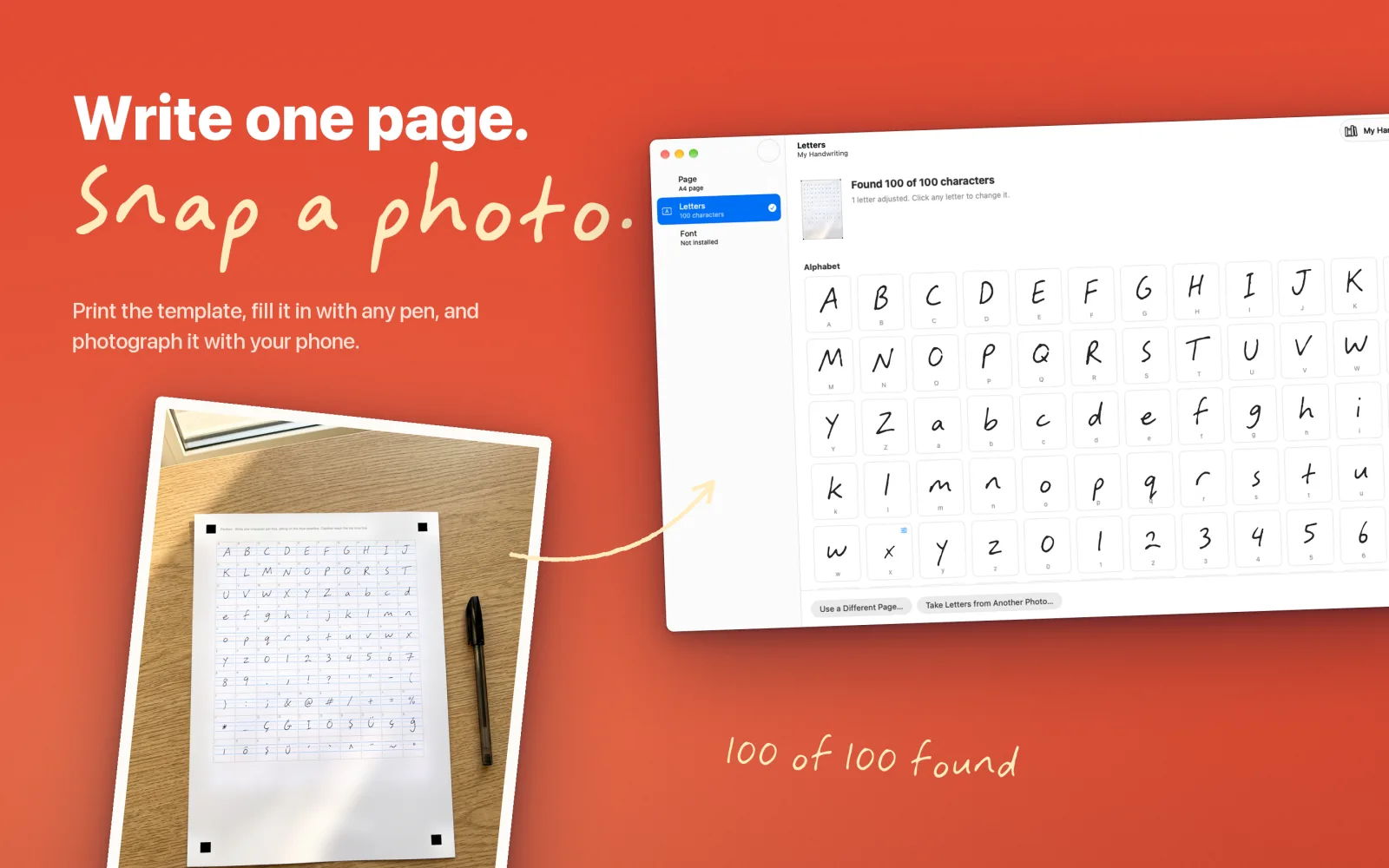 Write one page, snap a photo: the filled-in template next to all 100 letters found