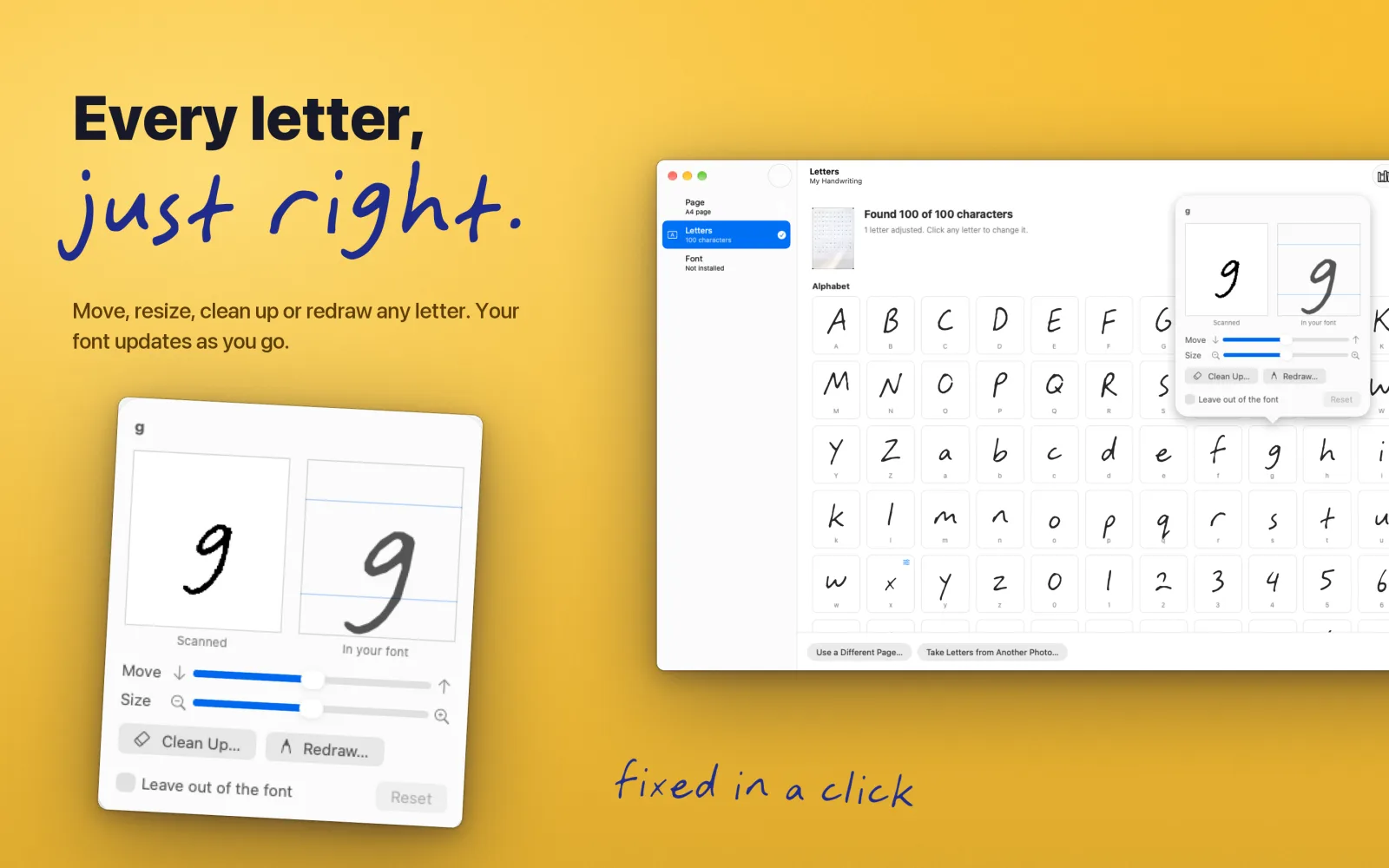 Every letter, just right: moving, resizing and redrawing a single letter