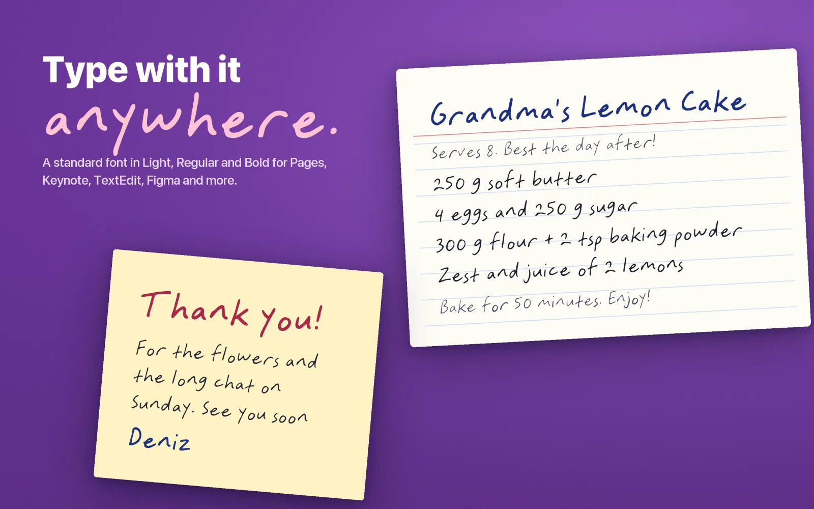 Type with it anywhere: a recipe and a thank-you note set in handwriting