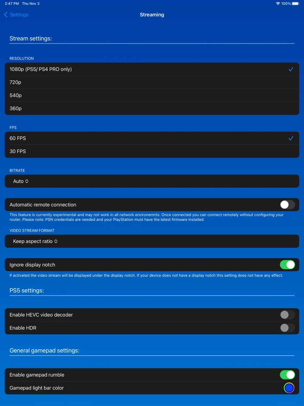 Streaming settings for resolution, frame rate and bitrate (from the iPad version)