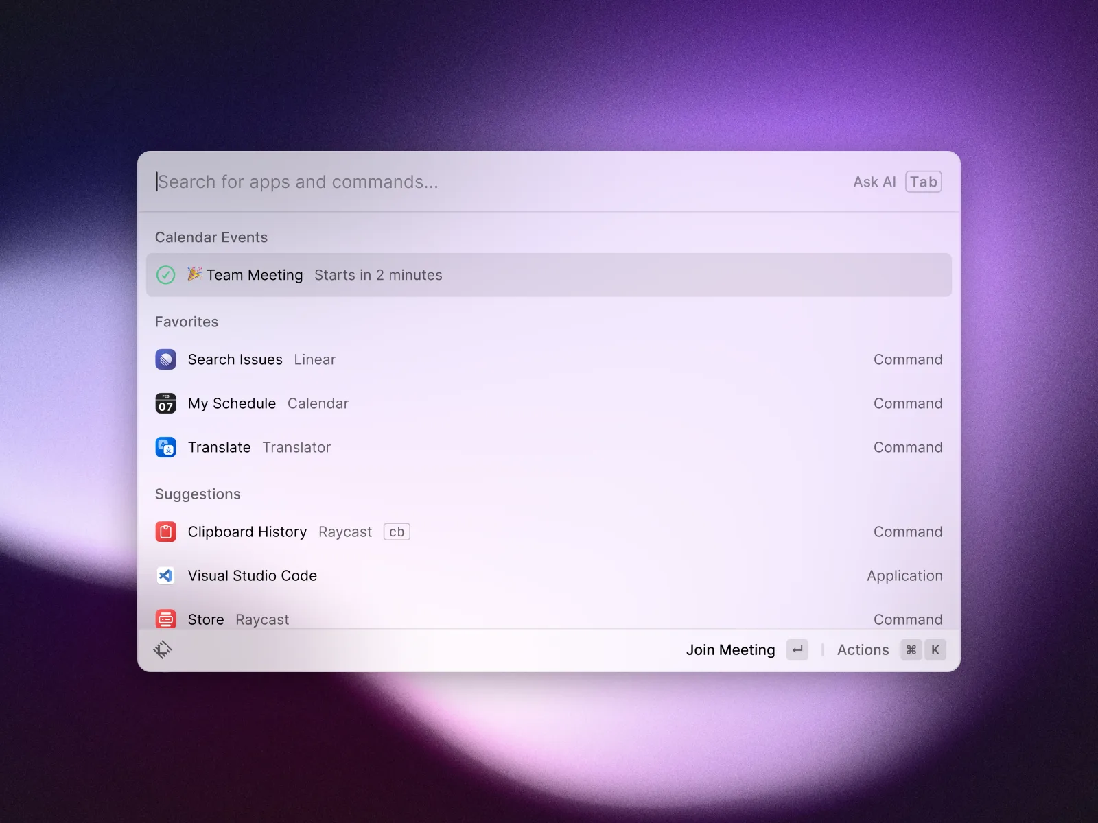 The Raycast command bar with a calendar event, favourite commands and suggestions