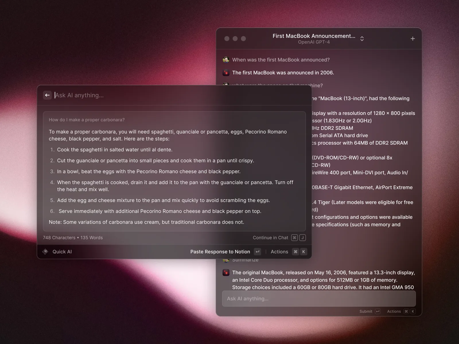 Quick AI answering a question next to an AI Chat window, in dark mode