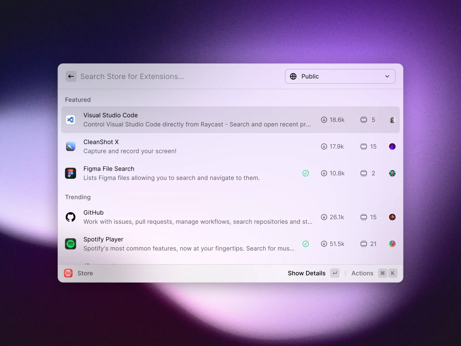The Raycast Store listing featured and trending extensions