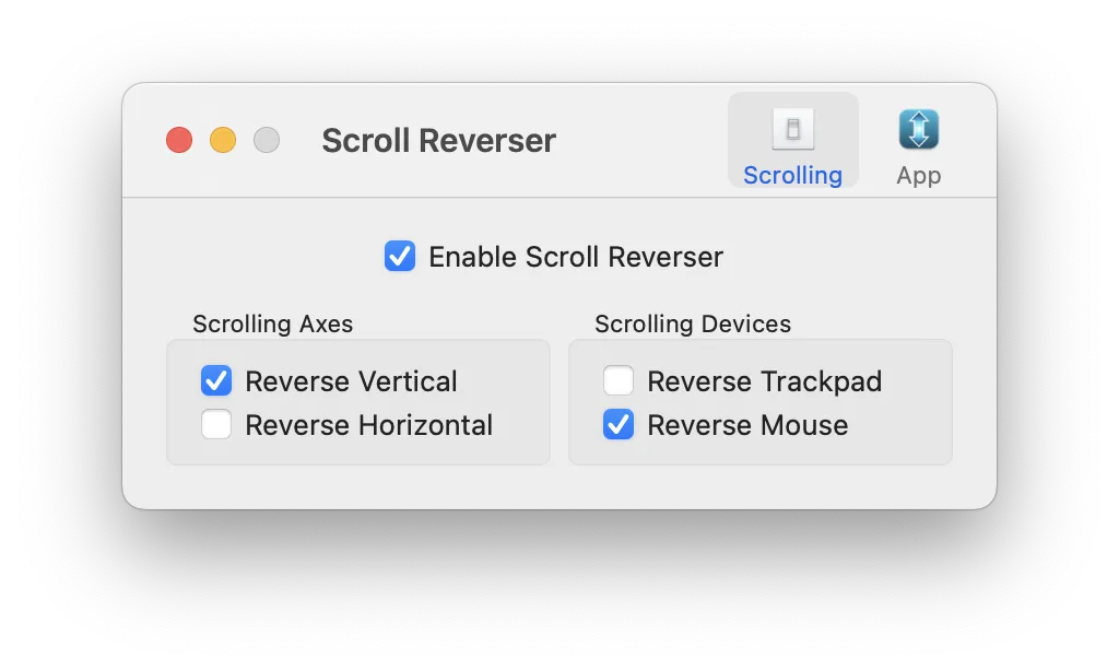 Settings with separate reverse toggles for the trackpad and the mouse