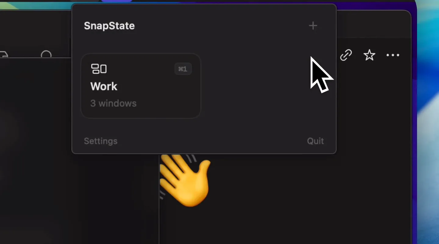 SnapState’s menu bar window with a saved workspace called Work, three windows