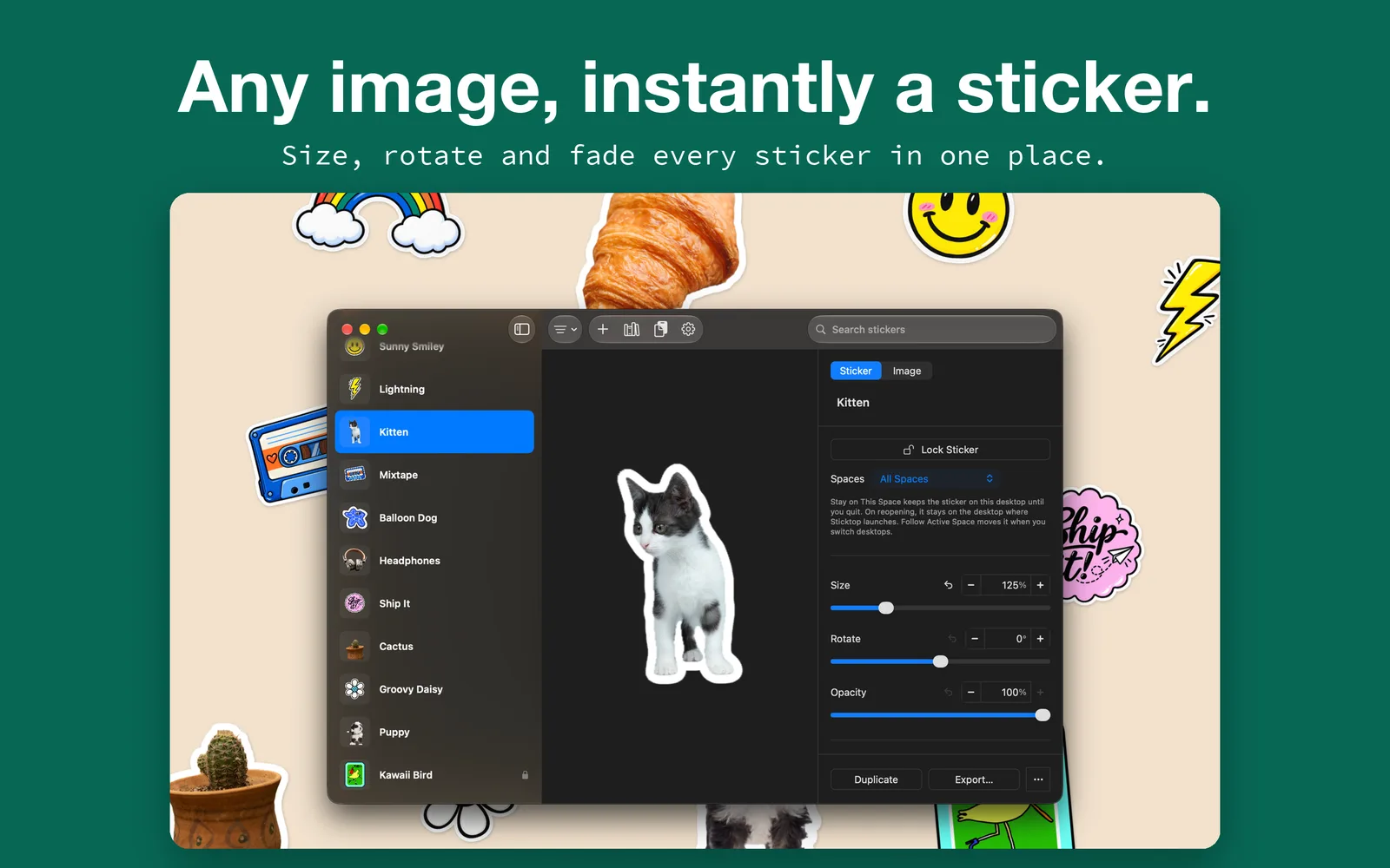 The Sticktop window, with the sticker list, a kitten sticker preview and size, rotation and opacity sliders