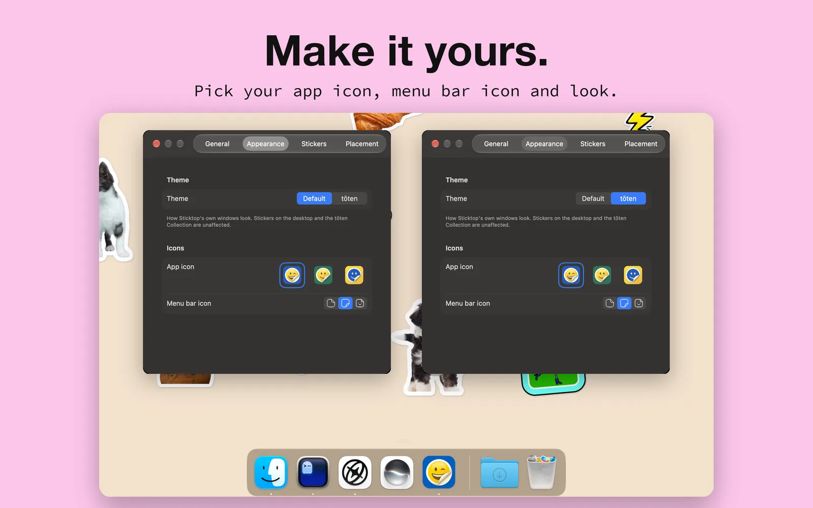 Appearance settings in light and dark, choosing the app icon and menu bar icon