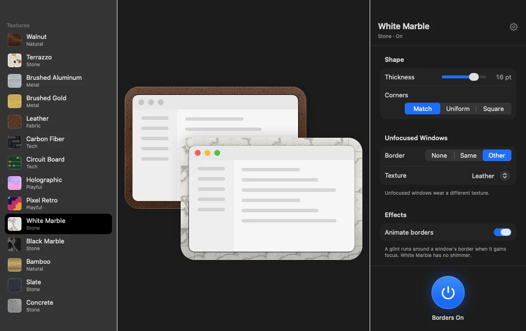 The Windowcase window, with the texture list, a live preview of marble and leather borders, and border settings